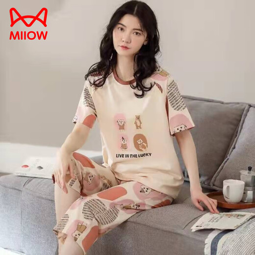 猫人（MiiOW）短袖睡衣女夏季套装韩版可爱特大码软绵绵春夏睡衣两件套 838【新款短袖套装】 2XL