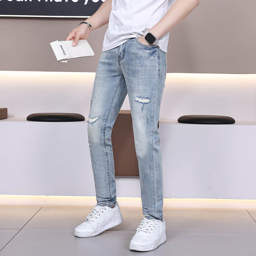 Le nouveau jean déchiré de Gezan, la marque de mode fine de la marque élastique, la couleur claire élastique des pantalons longs haut de gamme pour hommes, le bleu clair 9887 36 (2 pieds 8)