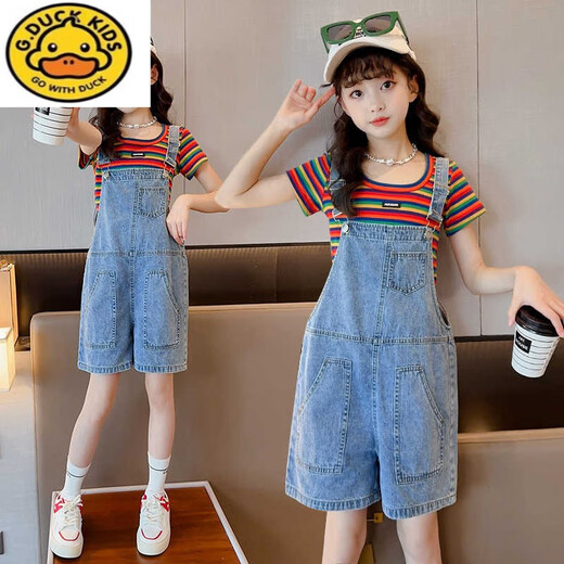 G.DUCKKIDS女童裤子夏季薄款2025年儿童背带裤潮款夏天短裤外穿牛仔裤中大童 蓝色 单件背带裤 140 cm