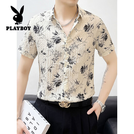 花花公子（PLAYBOY）冰丝修身短袖薄款碎花衬衫男士夏季休闲免烫垂感中袖衬衣时尚男装 BK679黑色 L