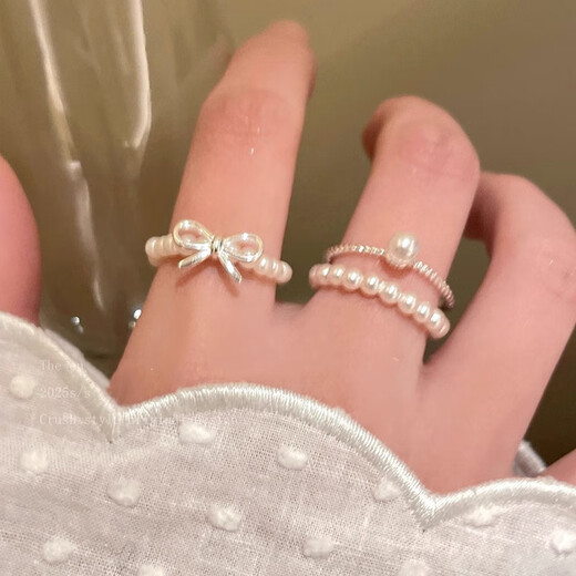 Luo Fanxin decorated S925 sterling silver bow pearl beaded ring women's ins niche index finger ring light luxury open stacking J6340