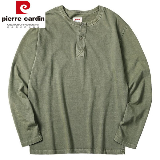 Pierre Cardin American retro distressed Henley shirt men's spring and autumn large size 300 Jin Jin equals 0.5 kg Heavy cotton American casual long-sleeved bottoming T-shirt Army green 2XL recommended 145-190 Jin Jin equals 0.5 kg
