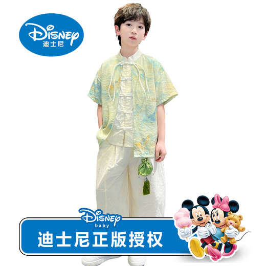迪士尼（Disney）儿童装男童夏季汉服套装2025新款古风夏装短袖唐装男孩中国风潮装 绿色 时尚休闲 120