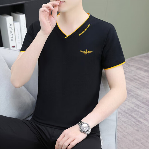 夏装鸡心v领棉t恤短袖男士潮流薄款压花时尚百搭半袖 Q694 豆绿 XL 120-135斤