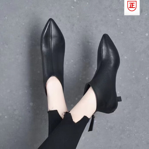 百丽踏系列品牌断码真皮细跟小裸靴2025年秋冬新款尖头高跟软皮气质百搭 灰绿【5公分跟高】棉里 37