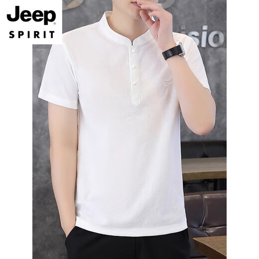 JEEP SPIRIT新款男士仿亚麻短袖t恤夏季薄款立领polo.衫新中式休闲棉麻上衣 T189绿色 3XL 150斤左右