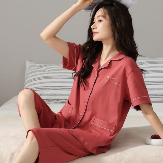 Catman (MiiOW) 100% pure cotton pajamas for women in summer short-sleeved cropped pants middle-aged and young style large-size cardigan suit thin home clothes n9898 short-sleeved cropped pants cardigan M (80-100Jin [Jin equals 0.5 kg])