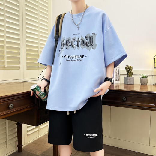 夏季新款短袖t恤男初中高中学生运动套装青少年潮流帅气大童夏装 NZJ-6626浅绿色(上衣+短裤) 4XL 160至175斤