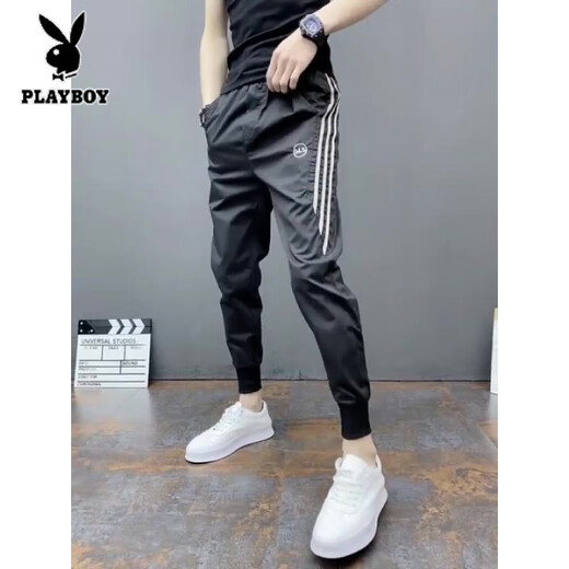 花花公子（PLAYBOY）2025新款哈伦裤男士春秋季九分休闲速干卫裤潮牌修身束脚裤 黑色二杠 33