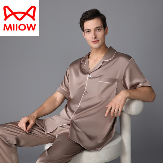 猫人（MiiOW）睡衣男夏季真丝薄款短袖长裤春秋家居服丝绸感欧美2025新款 黑灰色 3899 XL (体重130-155斤)