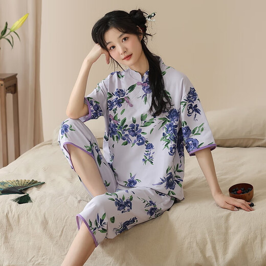 2025年新款睡衣女夏天短袖套装国风针织棉七分裤休闲家居服可外穿 9902 M 【80-100斤】