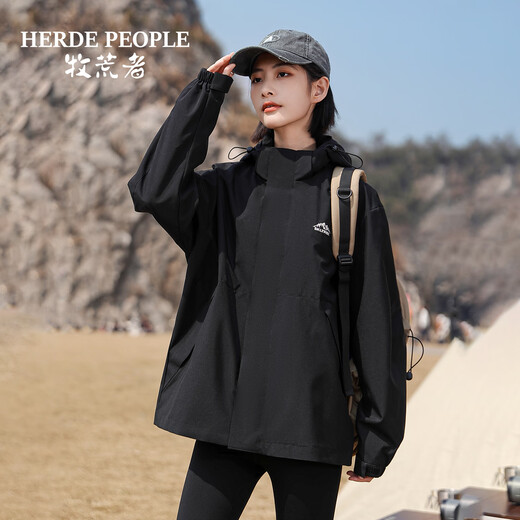 HERDE PEOPLE Spring and Autumn new windproof and waterproof jacket for men and women, outdoor hiking and mountaineering jacket for men and women, black L