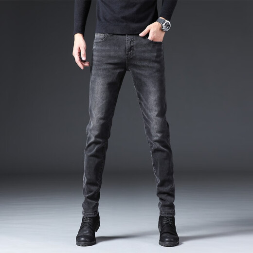 
Giordano (Giordano) broken code Hong Kong autumn and winter black gray jeans men's Korean style slim foot elastic plus velvet trendy casual pajamas 1048 black one size 28
