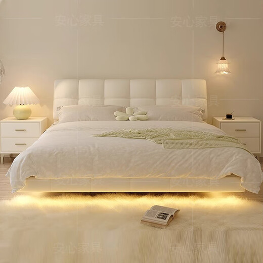French cream style suspended bed, cloud puff bed, master bedroom double bed, light luxury leather bed, modern simple princess bed, puff leather bed-delivery to home, 1.5*2.0 meter full-bed suspended structure