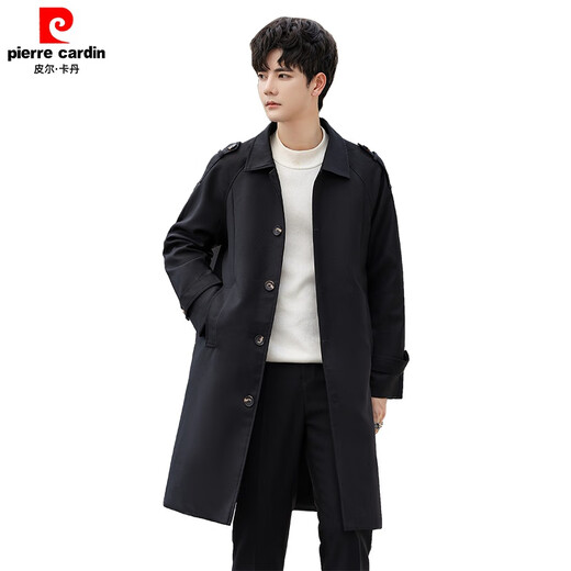 Pierre Cardin Veste de brise-vent de tempérament à mi-long pour hommes pour hommes de la couleur unie lâche et automne Nouveau style britannique Simple Black L recommandé 140 Jin [Jin est égal à 0,5 kg]