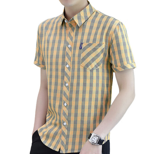 HUALIN FASHION夏季条纹短袖衬衫韩版休闲百搭帅气半袖衬衣内搭寸衫 ST838黄色 M 90-105斤穿