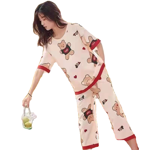 欧妙妤新款睡衣女士夏季短袖七分裤薄款夏天可外穿卡通家居服套装春 七分裤679巴比熊套装D M 女75-95斤左右