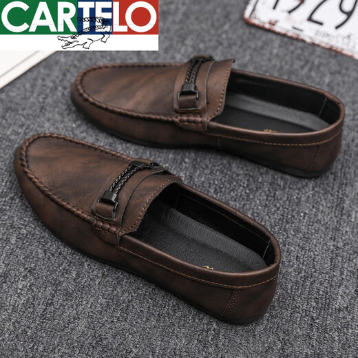 CARTELO bean shoes for men 2025 spring new genuine leather trendy shoes for men breathable one-foot-sole casual leather shoes D826 black 39