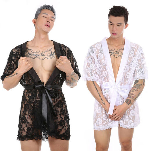 Jimujia Lace Floral Bathrobe Men's Sexy Transparent Mid-Length Pajamas Lace-up Bath Skirt Home Clothes Nightgown 1 piece black + 1 piece white + 2 pairs of thongs included 165-170M