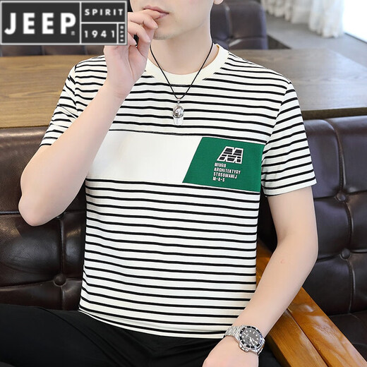 JEEP SPIRIT短袖T恤男棉质小衫条纹汗衫潮流男装半袖圆领小衫 9898短 袖 黑色 M 【建议90-105斤】