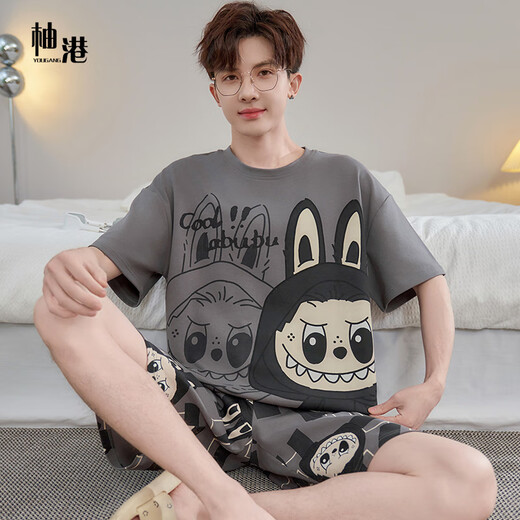 
Yougang pajamas for men in summer short-sleeved pure cotton thin style for teenagers in summer can wear outside and add fat to increase the size of men's home clothes. 1517 L (170cm recommended weight 110-135)