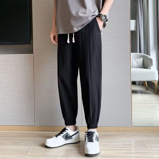 On the Pu Pants Men's Summer Thin Fashion Leisure Pants Cotton Line Summer Men's Trendy Brand Line Cropped Pants Men's Black [Line Pants] M
