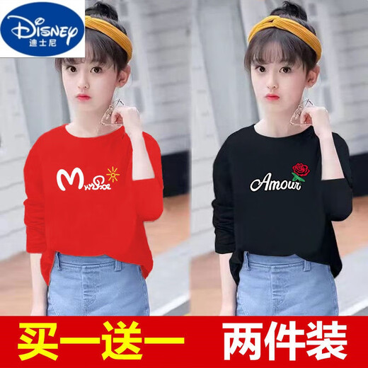 迪士尼（Disney）品牌童装两件装女童长袖T恤洋气春秋新款童装儿童宽松打底衫中大 白色695+黑色725 140 【50-60斤左右】