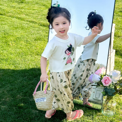 怡菲朵童装女童夏装套装2025新款儿童洋气短袖女宝宝格子裤T恤两件套夏 米白色 100