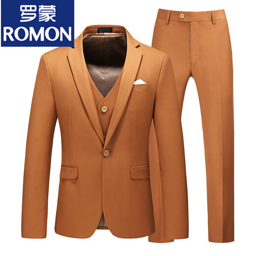 ROMON pink small suit men's suit slim fit young wedding groom performance British men's business casual professional suit burgundy suit + pants M