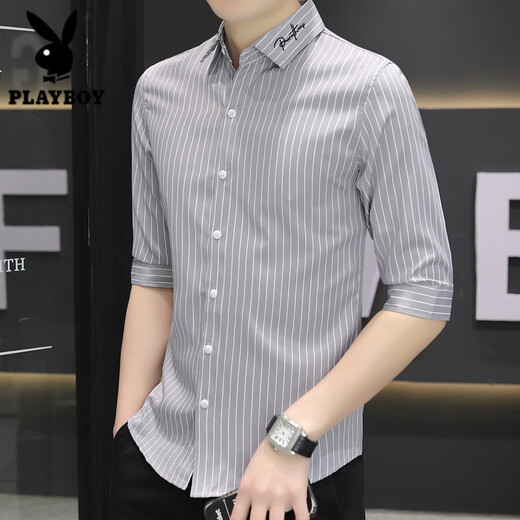 Playboy (PLAYBOY) 7-quarter sleeve shirt for men summer casual and versatile mid-sleeved vertical striped shirt trendy handsome short-sleeved slim-fitting inch shirt 682 gray XL 120-133Jin [Jin equals 0.5 kg]