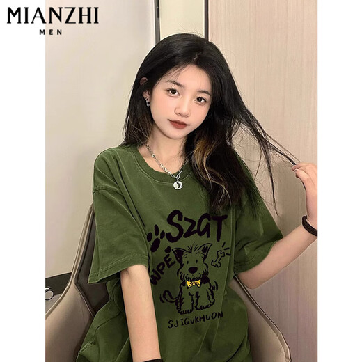 棉致美式复古绿色卡通小狗短袖t恤女夏季新款国潮牌半袖纯棉小众上衣 B15664军绿色【高品质18.5】 M 95-105斤
