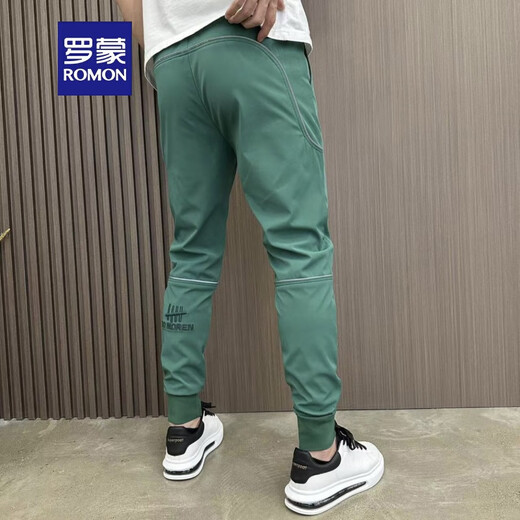 罗蒙（ROMON）2025春秋速干小脚九分休闲裤男刺绣黑色反光条运动修身束脚哈伦裤 黑色 28 (80-95斤)