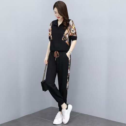 荣西图（RONGXITU）时尚套装裤女夏季2025新款宽松减龄洋气运动休闲束脚裤两件套#686 黑色 M
