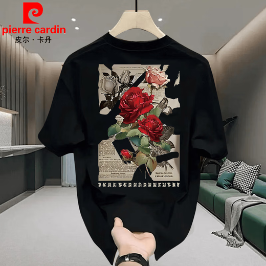Pierre cardin rose print heavy short-sleeved T-shirt men's summer American retro trendy brand loose large size base shirt half-sleeved top white [front left and back large picture K838 SAYHI hand XL recommended 140-160Jin [Jin equals 0.5 kg]