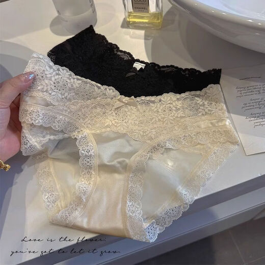 法式缎面内裤女性感蕾丝花边夏季薄款舒适透气无痕少女低腰三角裤 黑色*6195* 1条 均码 (165) （70-130斤）