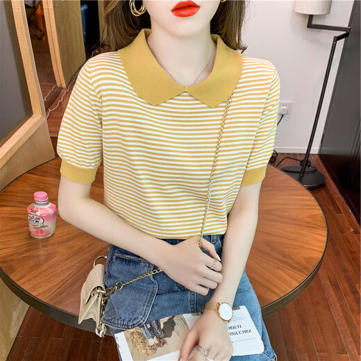 酷章（KUZHANG）条纹娃娃领短袖女2025夏季新款冰丝针织衫薄款T恤小个子减龄上衣 dx691#黄色 S  建议80-100斤