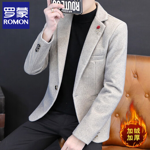 罗蒙（ROMON）秋冬季水貂绒毛呢子西服男士加绒单西上衣商务休闲加厚纯色小西装 D9922黑色(加绒) 加厚 M