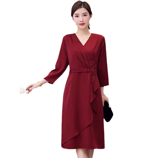 皮尔卡丹（pierre cardin）妈妈婚宴装红色连衣裙女2025春夏秋新款年轻喜婆婆显瘦结婚礼服裙 红色. 【6197款短袖】 2XL 【建议120-130斤】