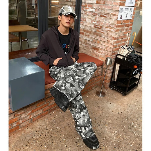 黑盒白美式复古迷彩直筒牛仔裤男春夏潮牌痞帅裤子宽松阔腿潮流工装长裤 WKXS-K1048迷彩色 XL