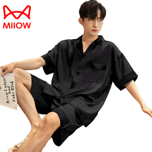 MiiOW pajamas men's summer ice-sleeved short-sleeved pants summer thin simulated silk boys' youth student home clothes set G542 L (height about 170 and weight-130Jin Jin is equal to 0.5 kg)