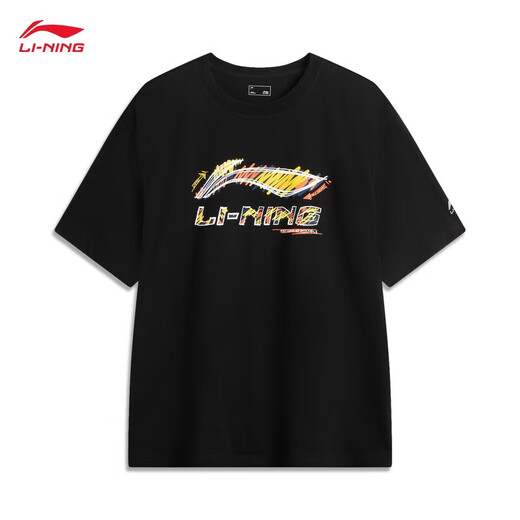 李宁（LI-NING）速干T恤丨抗菌凉爽圆领短袖T恤男子夏季户外印花休闲宽松运动上衣 黑色/黄色(AHSV829款)-4 S