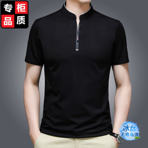 罗蒙（ROMON）高端品牌夏季冰丝t恤男立领纯色半拉链韩版中青年休闲上衣polo.衫 P6625纯黑色有口袋 XL 推荐【130-155斤】