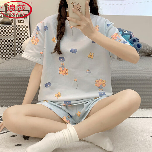 浪莎（LangSha）新款睡衣女夏季棉质短袖短裤爆款可爱宿舍甜美薄款两件套装家居服 1047小狗 L 100-110