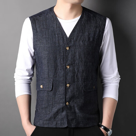 
Line men's cardigan vest vest solid color summer thin sleeveless vest Chinese style middle-aged and young top Lanhei XL