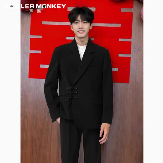 Sound Monkey New Chinese tunic suit for engagement, wedding, groom's dress, blazer, men's high-end suit, stand collar, plate button, Chinese suit + black shirt + trousers, three pieces XL (115-130Jin Jin equals 0.5kg)