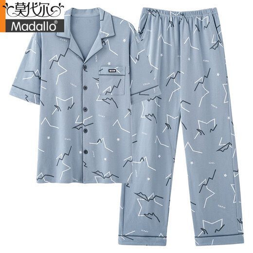 Modal pajamas men's summer pure cotton 2025 new middle-aged short-sleeved trousers loose large size simple home clothing set NSN-9856 gray and blue pockets covered with pattern Cardigan L