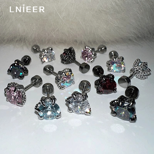 Lnieer Super Flash Dragon Claw Inlaid Earrings Men's Medical Titanium Steel Ear Hole Flat Bottom Earbone Cochlear Nails High-end Earrings Earrings Red Single Medical Grade Titanium Steel