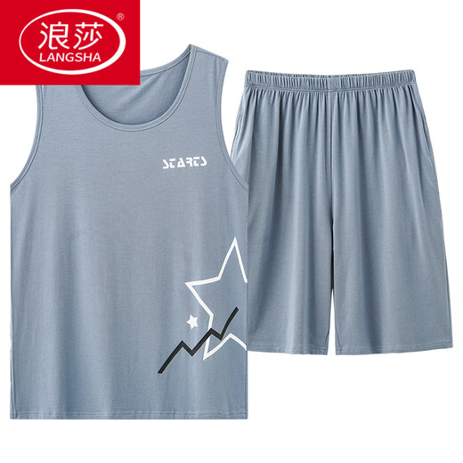 浪莎（LangSha）男士睡衣夏季莫代尔真丝背心短裤套装青少年大码无袖家居服舒适时 A-12027 L