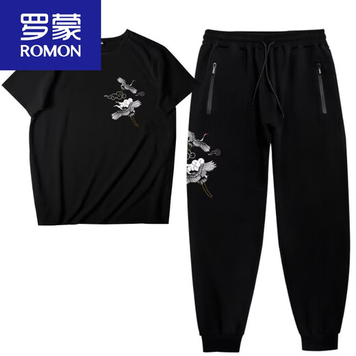 罗蒙（ROMON）夏季中国风男冰丝速干套装男胖子加肥大码男休闲运动短袖肥佬T恤 黑色9922套装 5XL 200-225斤