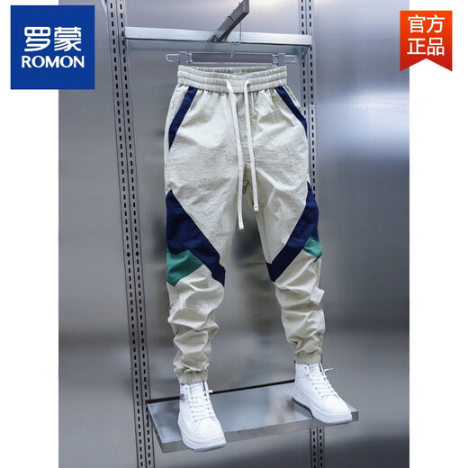 罗蒙（ROMON）男士春秋新款拼色束脚休闲裤松紧腰拼接小脚裤潮流新款时尚哈伦裤 黑色 32 建议135-150斤